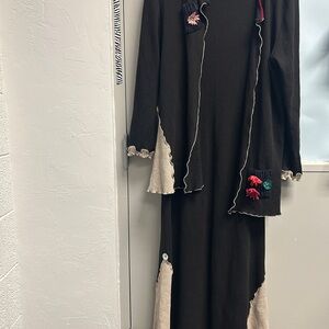 Vintage Black Long Knit Dress with Cream Accents and Floral Details